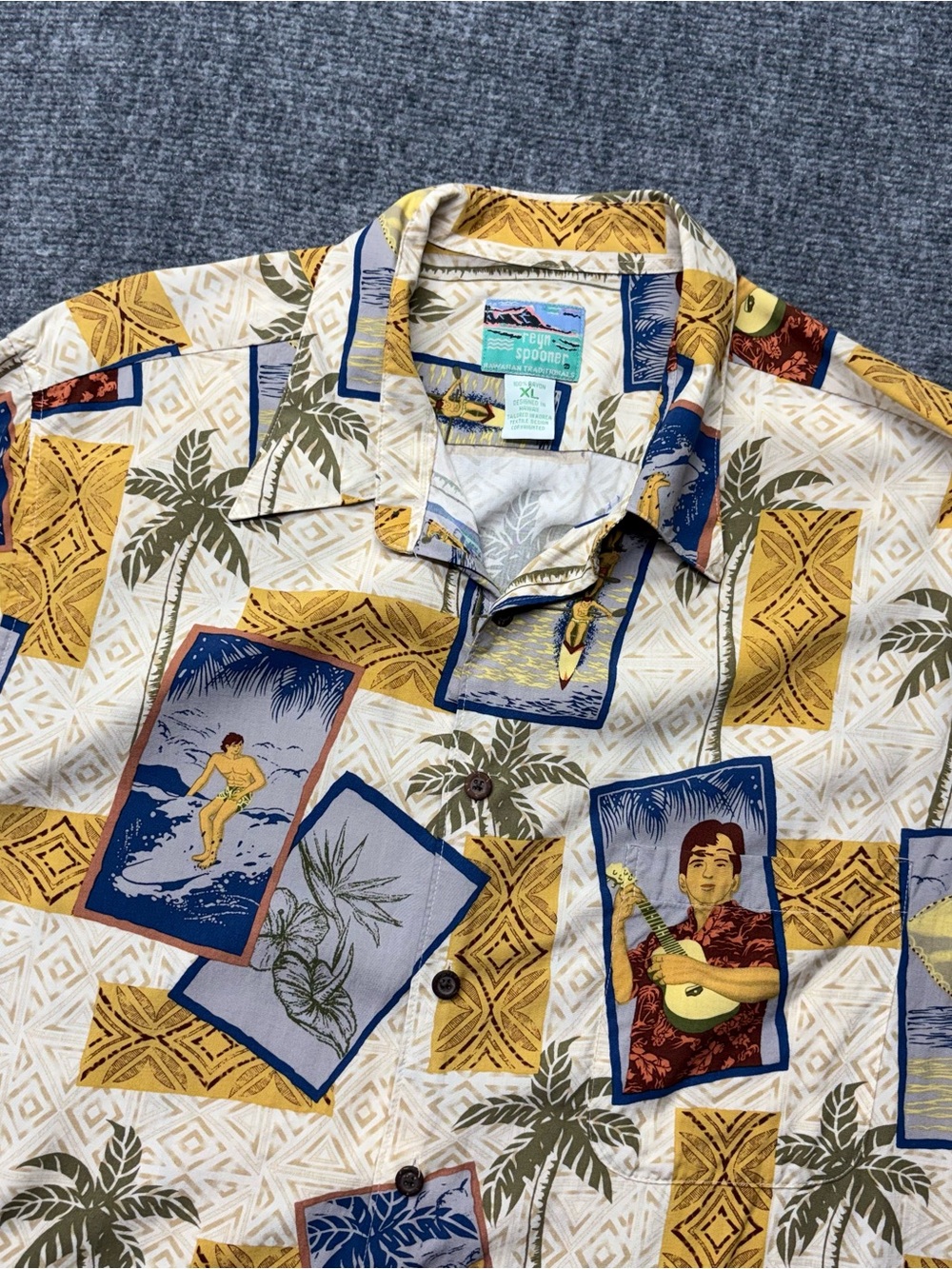VTG Reyn Spooner Hawaiian Shirt Mens XL Surfer Ukulele Fishing Canoe 100% Rayon
